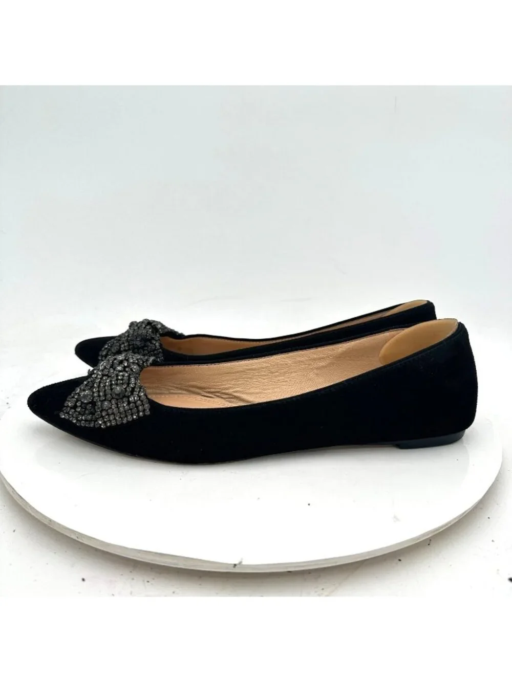 Tory Burch Vanessa Women Sz 8.5M Black Suede Pointed Toe Crystal Bow Flat Shoes